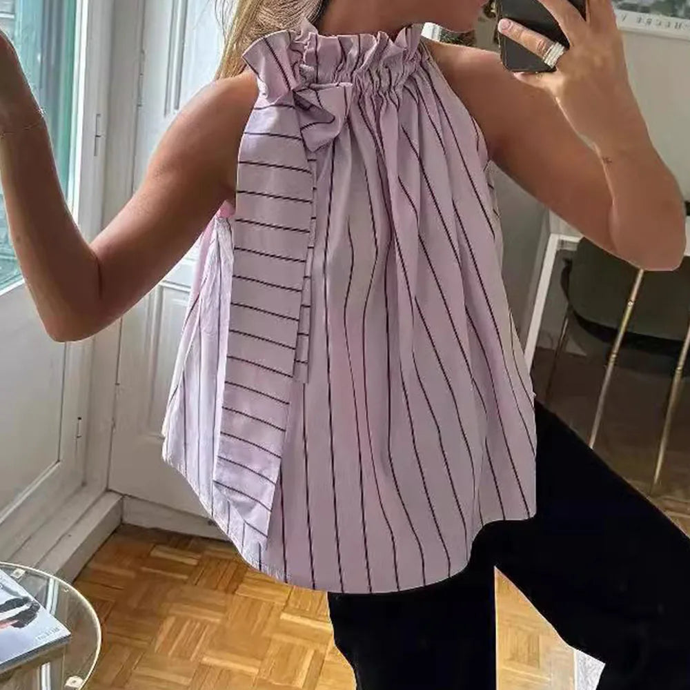 MQTIME - Casual Loose Ruffle Lace-Up Collar Sleeveless Striped Tops for Woman 2024 Casual Fashion New Sleeveless T-Shirts Woman Clothing