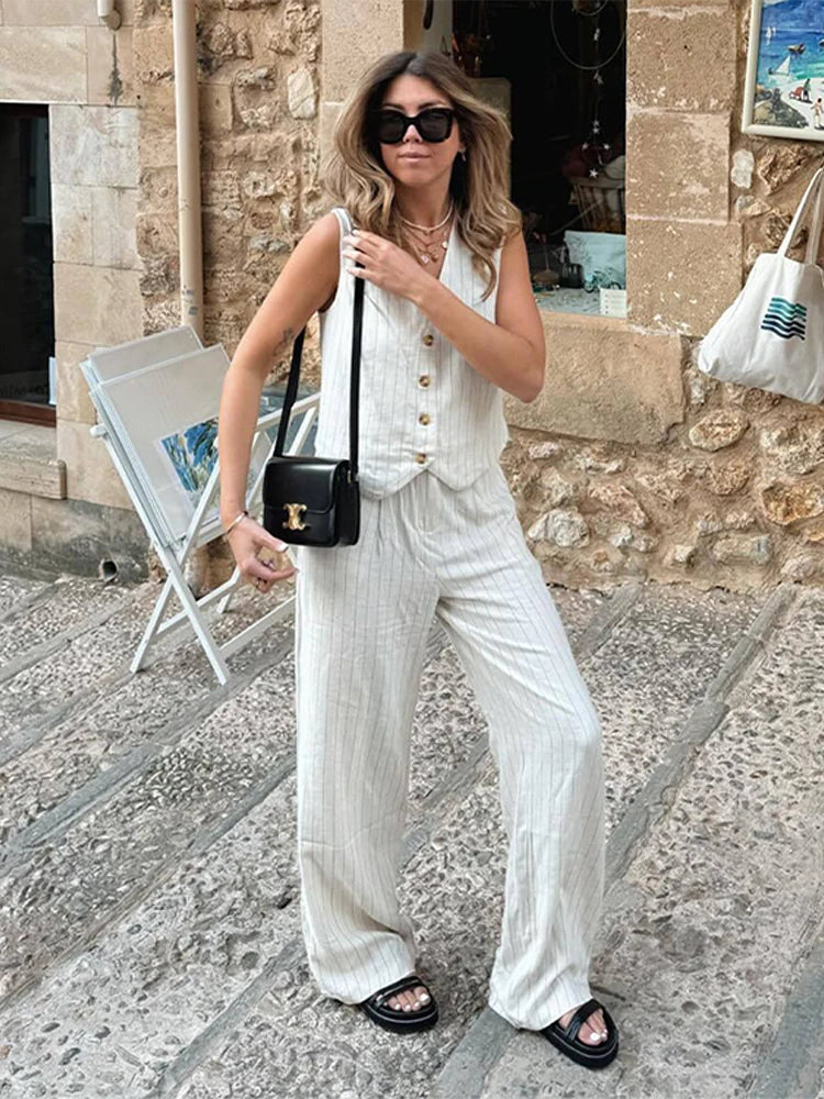 MQTIME - Elegant Striped Pants Set Women 2 Piece V-neck Sleeveless Single Breasted Top Wide Leg Trousers Sets 2024 Summer Nes Lady Outfit