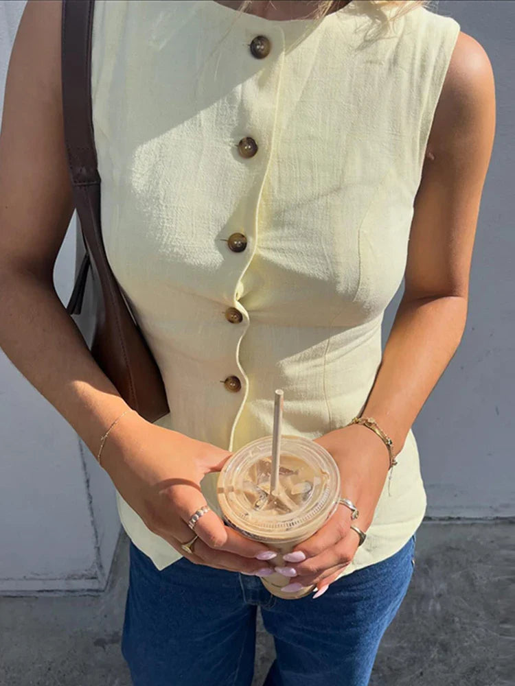 MQTIME - Casual Shorts Sets Women Single Breasted O-neck Sleeveless Vest High Waist Shorts 2024 Summer Slim Solid Office Lady Outwear