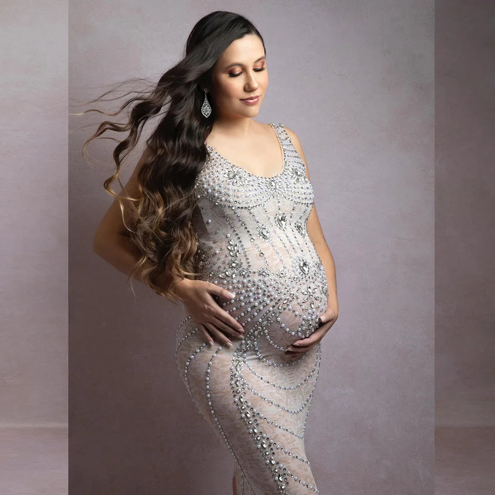 nvxiot - Sexy see-through Stretch Maternity Dress Photography Gown Shiny Goddess Rhinestones Pearls Luxurious Dress For Photo Shoot Props