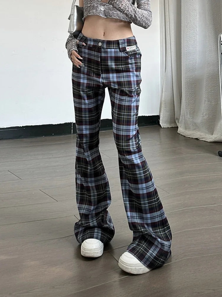 nvxiot - Y2k Flare Pants Women Gyaru Plaid Print Slim Fit Casual Straight Leg Pants Summer Clothes for Women Fashion Trousers