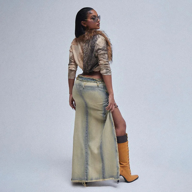 nvxiot - Women Washed Distressed Brushed Denim Maxi Skirts Tassel High Waist Button High Split Designer Casual Jeans Skirt Streetwear