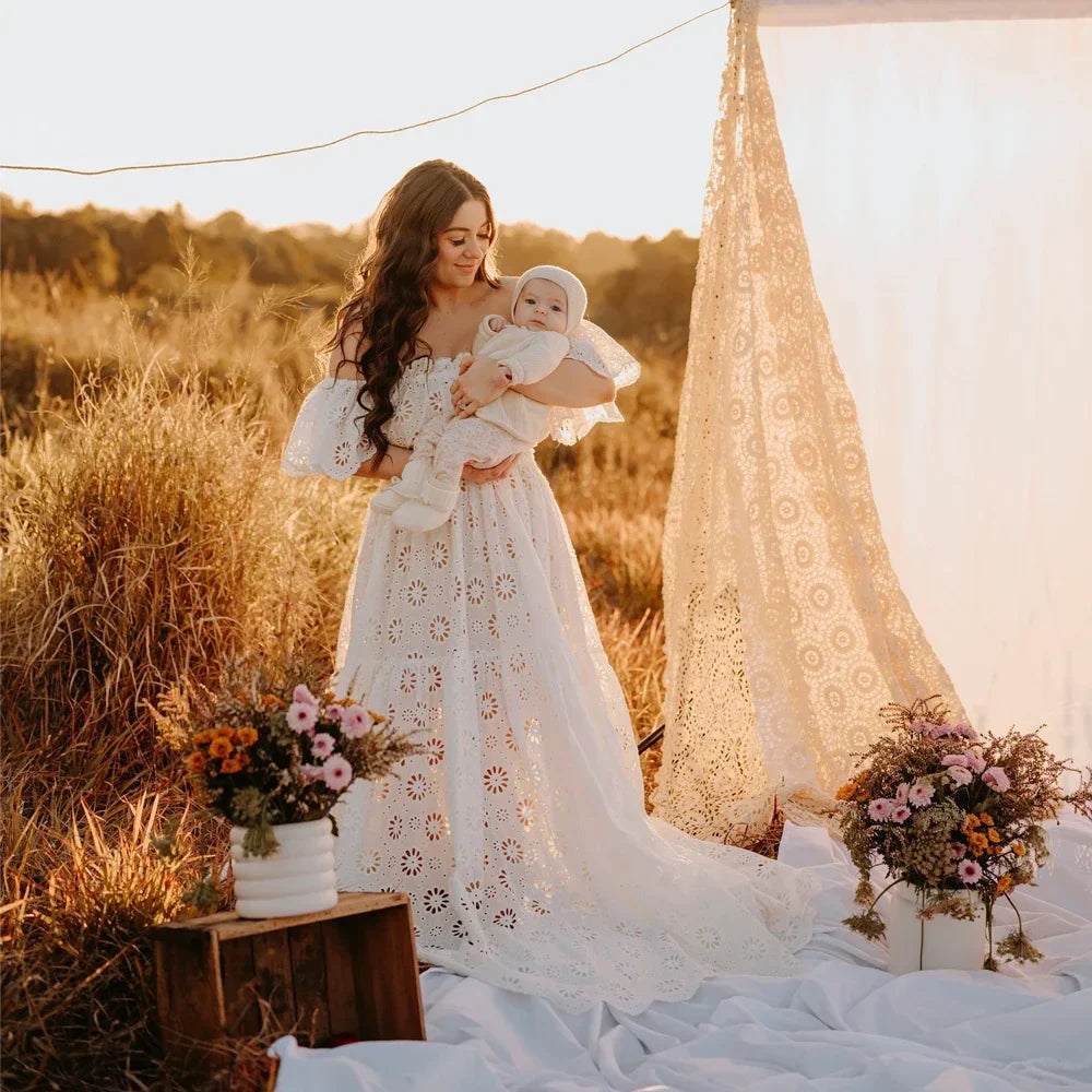 nvxiot - Cotton 2 in 1 Maternity Photography Props Outfit Slash Neck Lace Pregnancy Photo Shoot Dress Sets