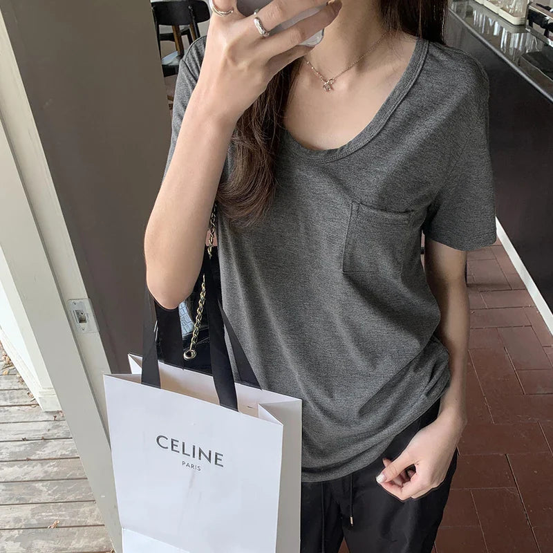 nvxiot - Round neck white shoulder short sleeved T-shirt 2024 spring/summer new casual versatile chic pocket design feeling lazy top