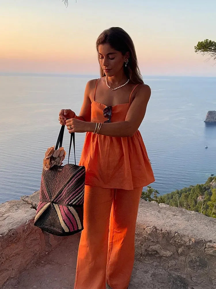 nvxiot - Women Fashion Ruffles Pleated Hem Tops Set Drawstring Wide Leg Pants Sleeveless Shirt Suit 2024 Lady New High Streetwear