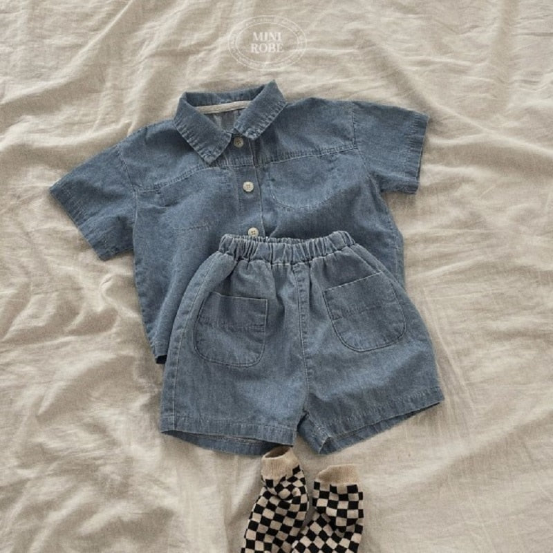 nvxiot Baby Boy Clothes Set Summer New Denim Jeans Short-sleeved Shorts Suit Fashion Denim Lapel Shirt Children Two-piece Clothing Suit