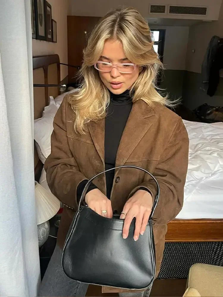 MQTIME - Woman Fashion Brown Lapel With Pocket Jacket Vintage Single Breasted Long Sleeve Short Coat Autumn Lady High Street Outerwear