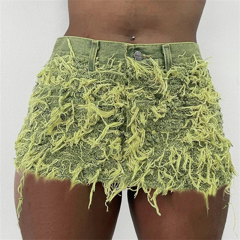 nvxiot - Tassel Holes Denim Mini Skirts Women Fashion Button Fly High Waist Jeans Petticoat Female Y2K Streetwear Wholesale Drop Shipping