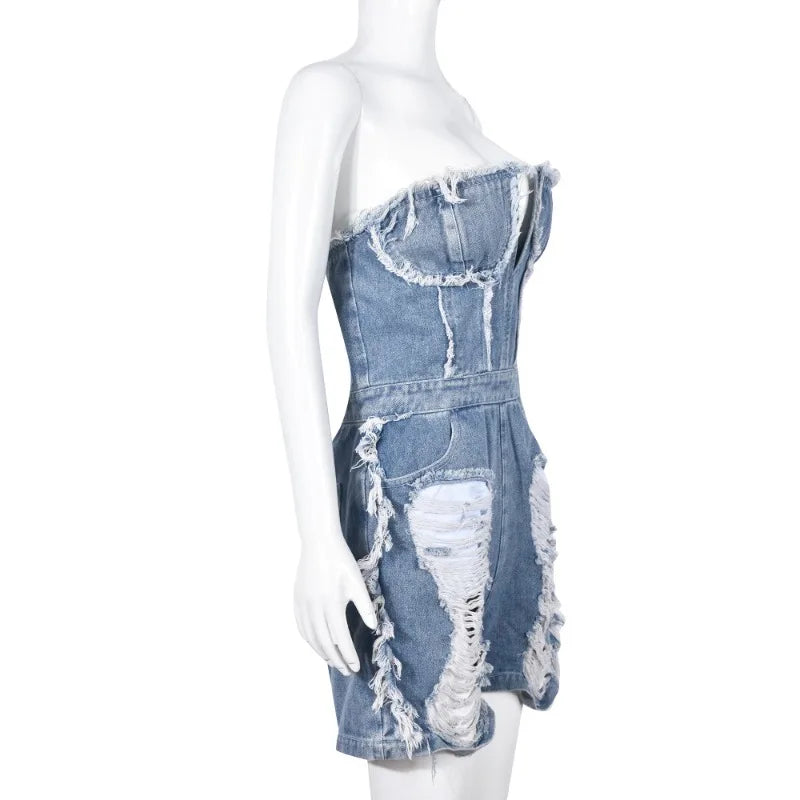 nvxiot - Women Fashion Hole Tassel Denim Playsuits Rompers V-neck Strapless Zipper Backless Pockets Casual Streetwear Jeans Overalls