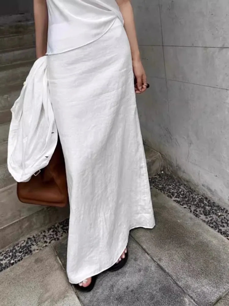 MQTIME - Vintage White Linen Maxi Skirt Straight Cotton High Waisted Split Casual Long Skirts for Women Office Lady Summer Skirt