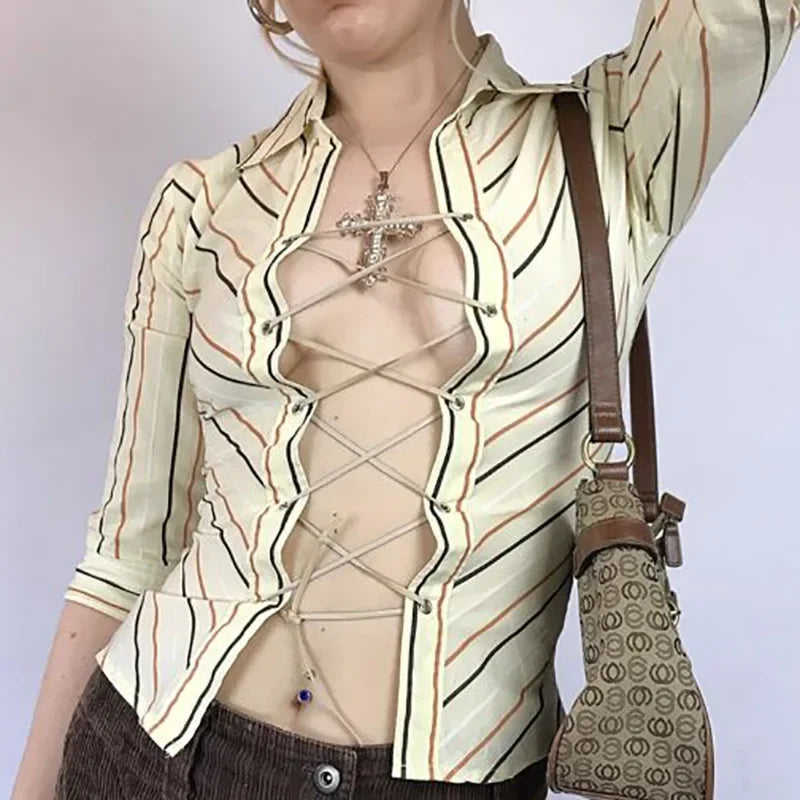 MQTIME - 90s Aesthetics Striped Printing Tie Up Top Y2K Fashion Turn-down Collar Long Sleeve Shirts Vintage Bandage T-shirts Sexy 2024