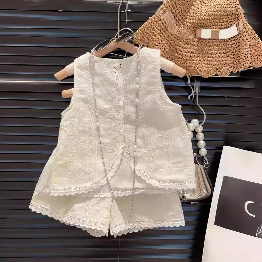 MQTIME - Summer Korean 2-8 Year Girl 2PCS Clothes Set Solid Hollow Jacquared Camisole Suit Lace Hem Elastic Waist Shorts Baby Girl Outfit