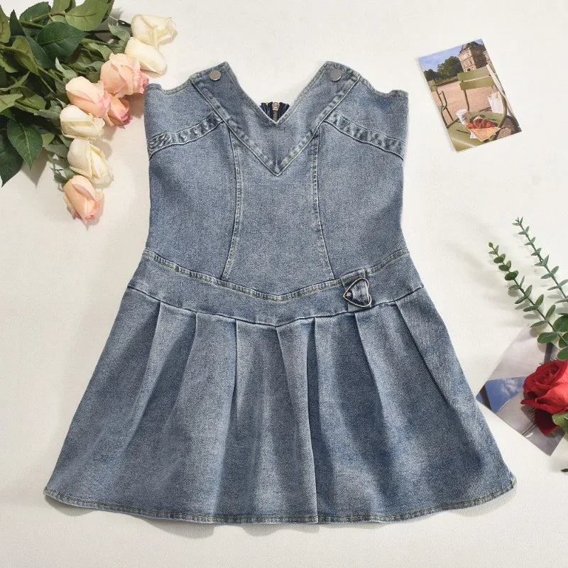 nvxiot - Women Summer Strapless Mini Pleated Denim Dress Sexy V-neck Sleeveless Zip-up Backless Slim Casual Streetwear Jeans Clubwear