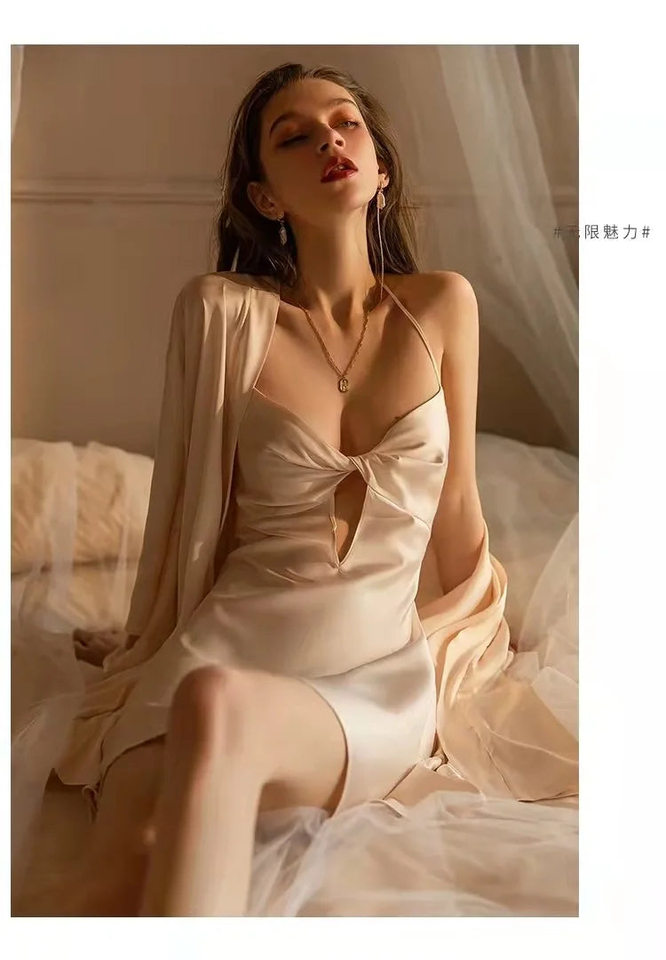 MQTIME - Summer Women White Satin Robe & Gown Sets Sexy Sleep Lounge Nightwear With Chest Pads Bathrobe+Sling Nightdress