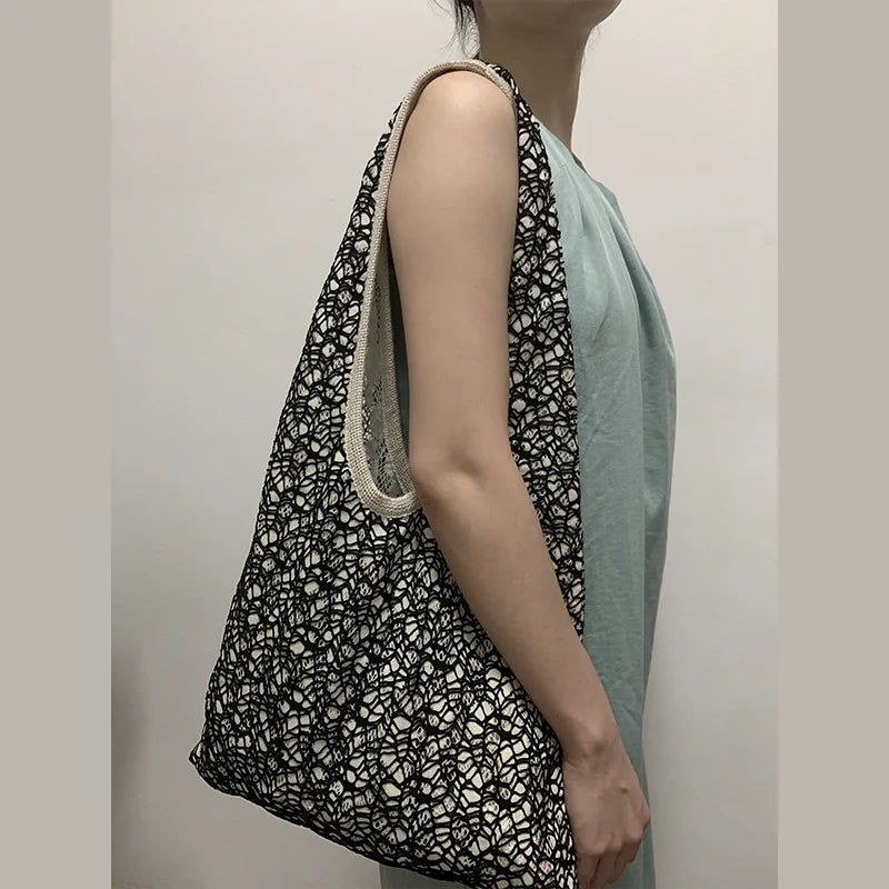 nvxiot - Women Fishing Net Handbag Hollow Out Casual Handbag Solid Color Large Capacity Soft Summer Beach Shopping Bag