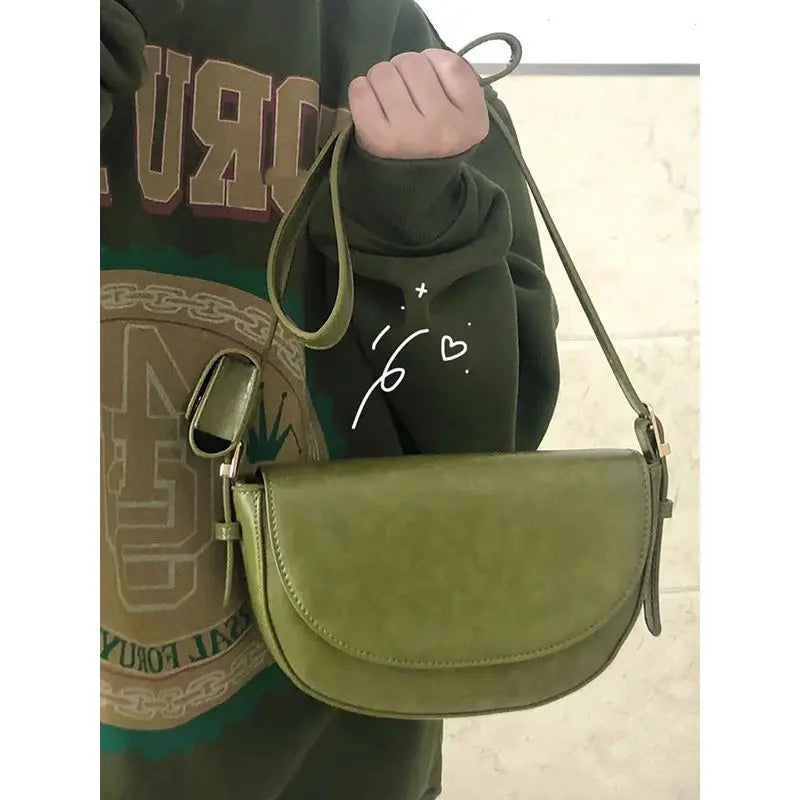 nvxiot - Vintage Green Shoulder Bag Women High Street Leather Casual Saddle Bag Handbag Female Retro Solid Crossbody Bags Ladies