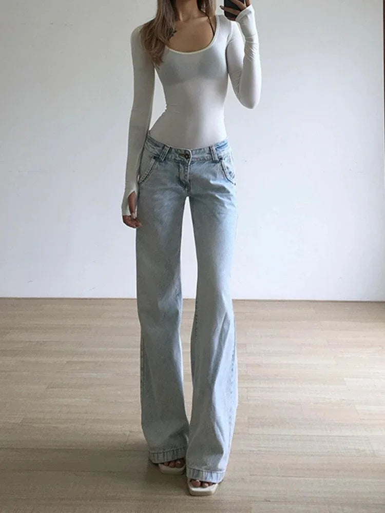 nvxiot - Deeptown Light Blue Low Waist Jeans Woman Streetwear American Vintage Denim Pants Female Casual Washed Straight Pantalons Mujer