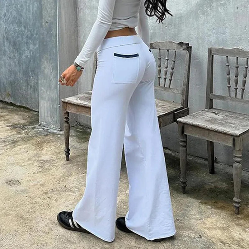 MQTIME - Contrasting Patchwork Pockets Flare Pants Women's Clothes New Low Rise Loose Fit Casual Trousers For Female Streetwear