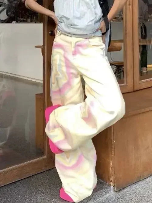 nvxiot - Paisley Rainbow Star Cute Print Jeans Denim Pant high waist y2k pants plus size clothes casual harajuku boyfriend loose straight