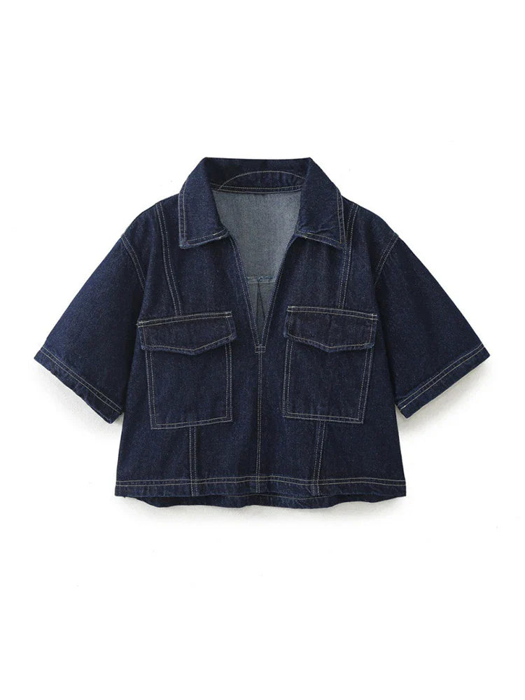 MQTIME - Denim Crop Coat Skirt Shorts 2 Piece Sets Women Fashion V-neck Short Sleeve Pocket Coats High Waist Short Summer Lady Streetwear