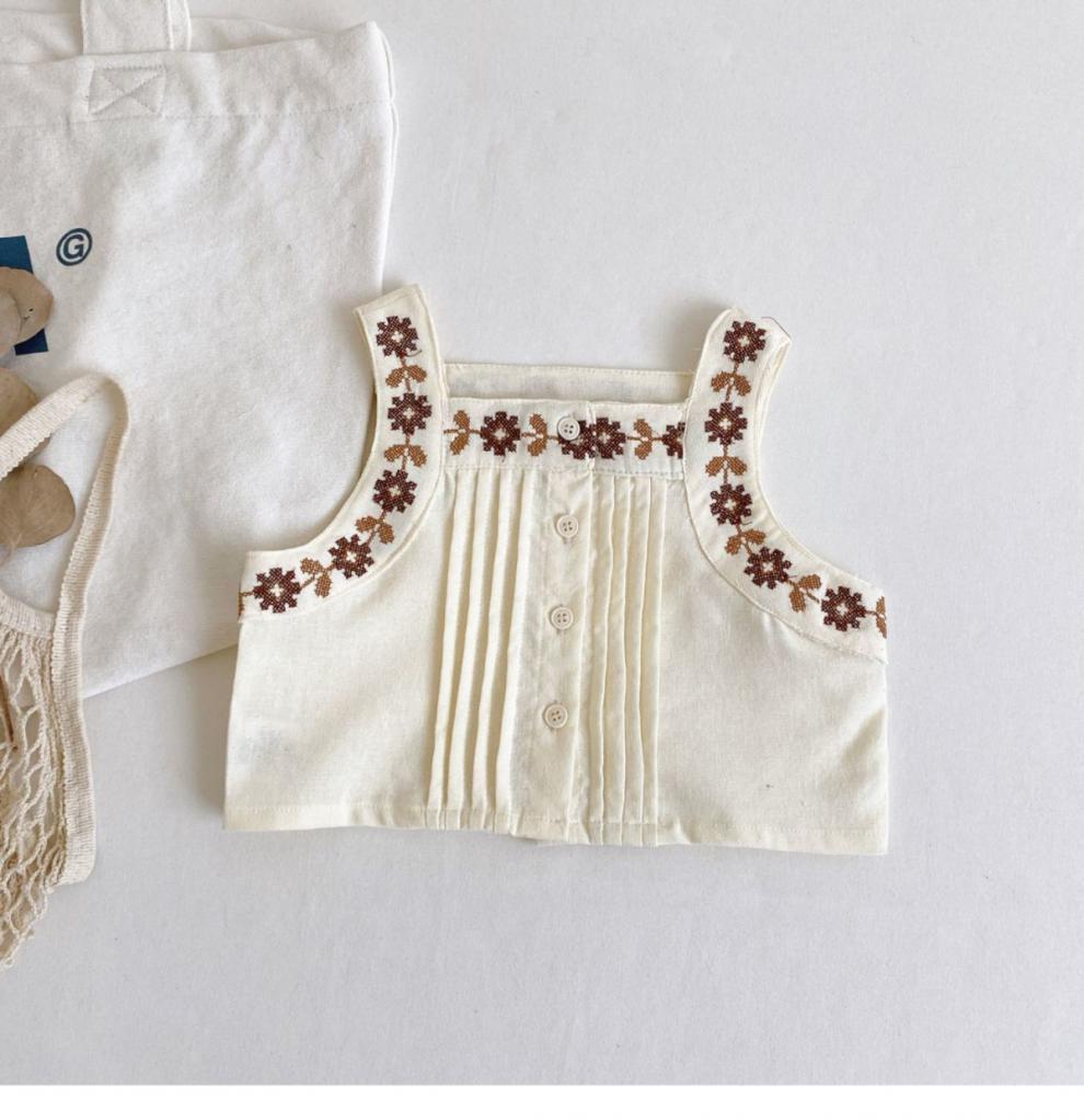 nvxiot Girl Clothes Sets Summer Solid Color Linen Cotton Spaghetti Strap Emboried Tops Wide Leg Pants 2Pcs Outfits Sets With Pants 2-7Y
