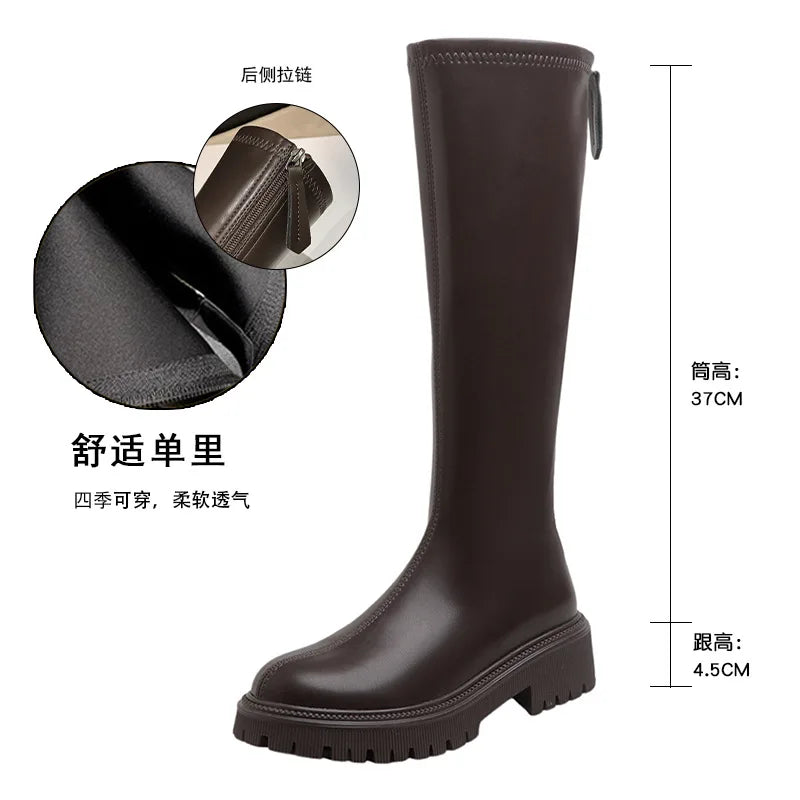 nvxiot - Women's Long Boots Autumn/Winter Thick Sole Round Toe Fashion Versatile Inner Heightening British Brown Knight Boots Women