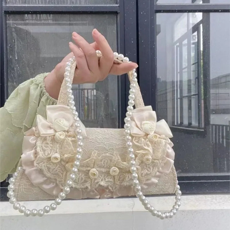 nvxiot - Fairycore Aesthetic Handbag Women Retro Harajuku Lolita Pearl Sweet Shoulder Bags Female Vintage Handle Handbags Ladies
