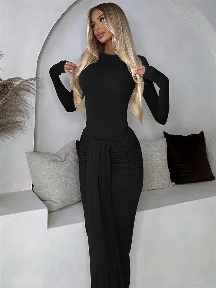 nvxiot - Pleated Tassel Slim Maxi Dress For Women Patchwork Lace-Up Elegant Fashion Solid Bandage Autumn Dress Female Party Dress