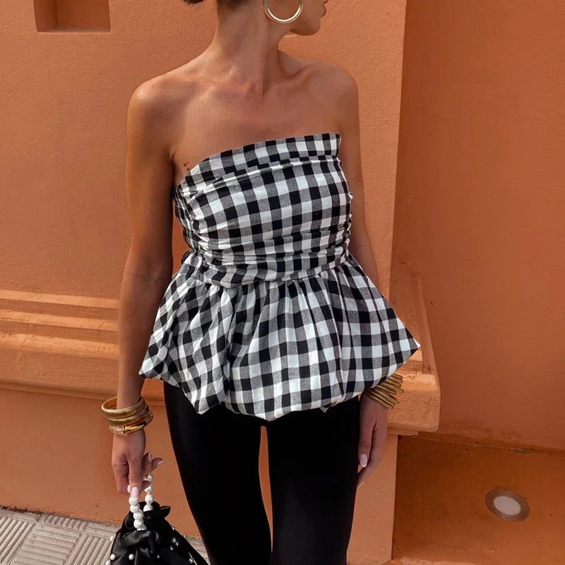 nvxiot - Women's Sexy Off Shoulder Pleated Club Party Shirt Elegant Plaid Strapless Slim Blouses Fashion Lady Slash Neck Fluffy Short Top