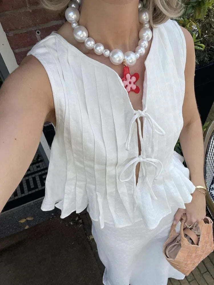 nvxiot - White Cotton Linen Shirt for Women Elegant Sexy Sleeveless Lace Up Blouse Summer Fashion Pleated Causal Holiday Shirts 2024