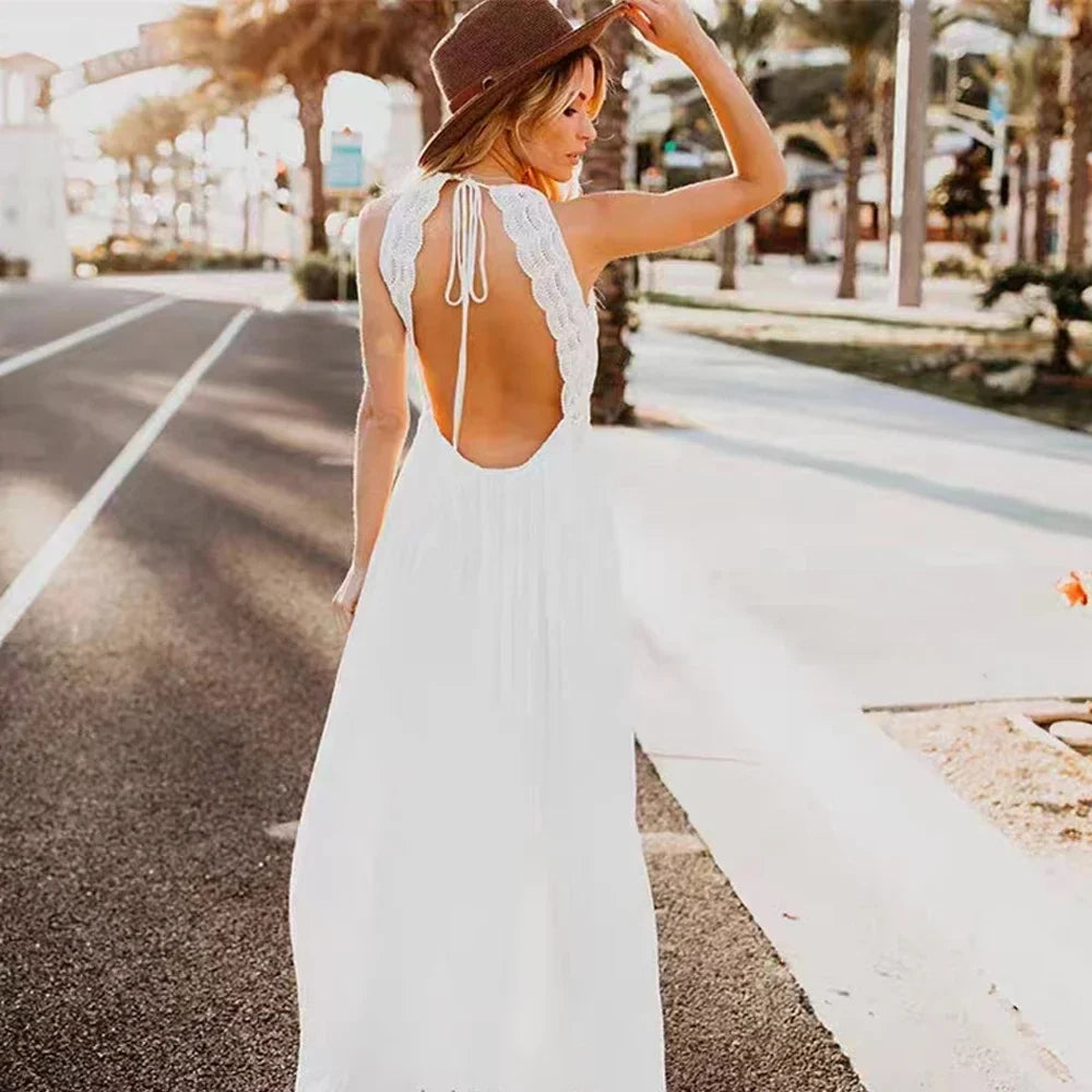 MQTIME - Lace Backless Maternity Dresses for Baby Showers Boho Pregnant Dress V-neck Suspender Bohemian Photo Shooting Pregnancy Dress