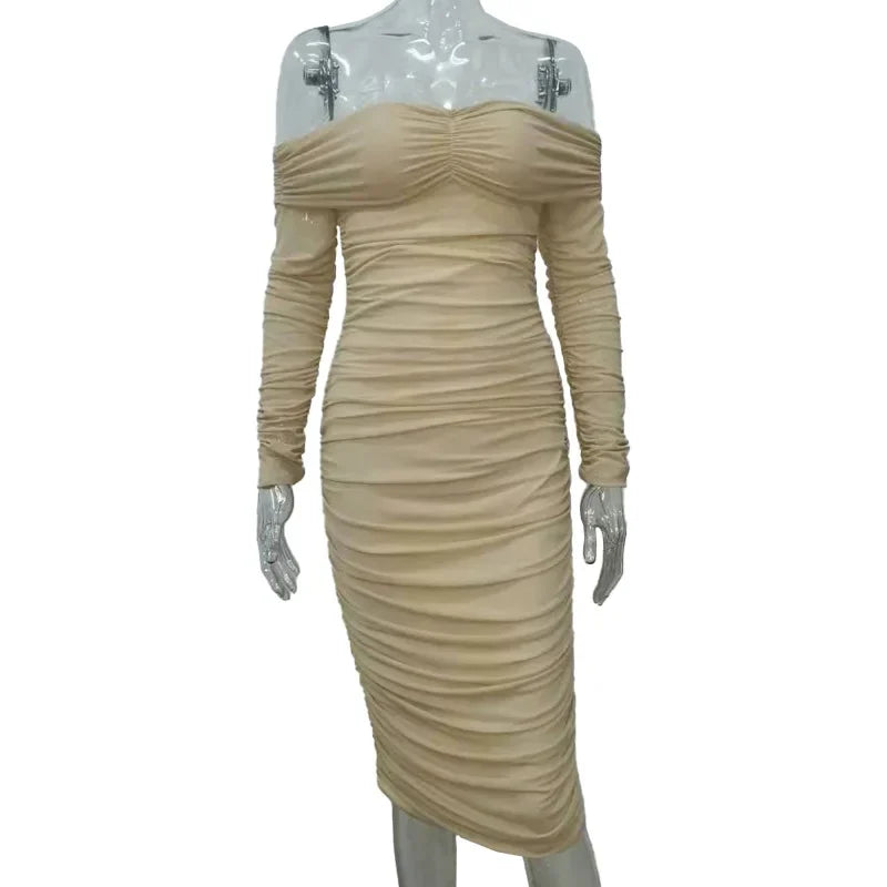 nvxiot - 2024 Spring Lady Elegant Sheer Layer Off Shoulder Chic Ruched Party Evening Sheath Bodycon Dress Maternity Pregnancy Dress