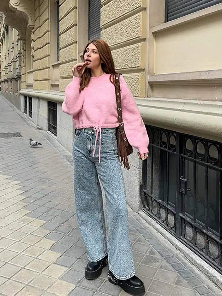 nvxiot Fashion Pink Lace Up Knitted Sweater For Women Spring Casual O-neck Long Sleeve Cropped Jumper Lady Chic High Street Knitwear