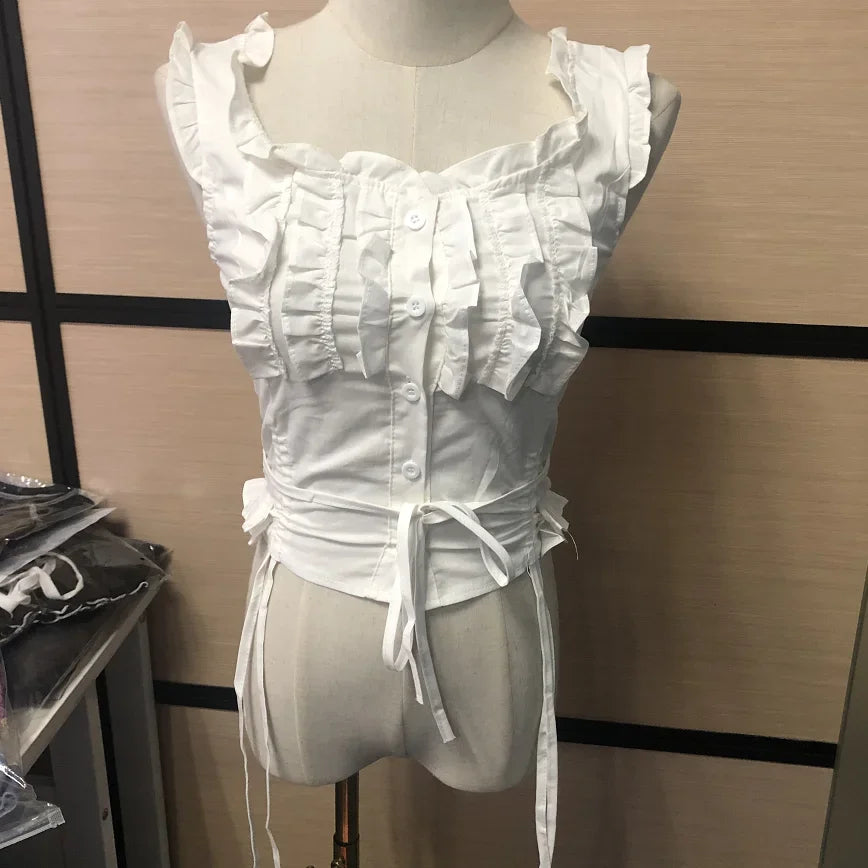 MQTIME - 2024 New Summer Pure White Sleeveless Vest-style Lace-up Round Neck Lace Drawstring Y2k Top With A T-shirt Inside And A Bottom