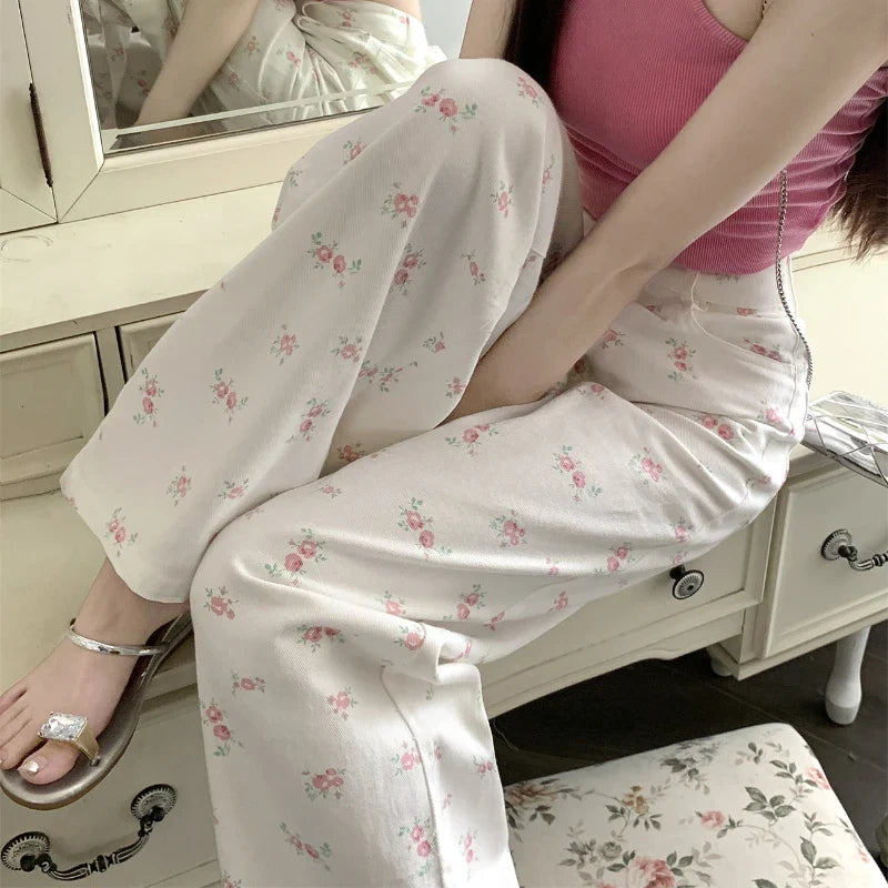 nvxiot Korean Floral Printed Sexy Slim Casual Jeans Women Summer New High Waist Fashion All Match Wide Leg Pants