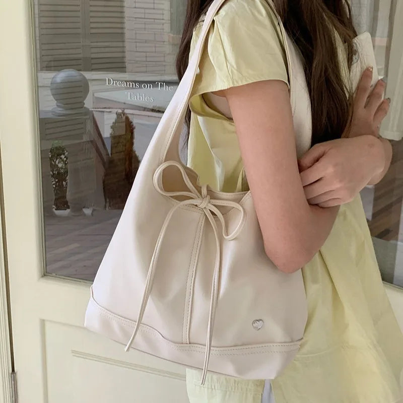 nvxiot - White Elegant Shoulder Bag for Women Korean Style Fashion Solid Color Tote Bag Pu Leather Casual Designer Ladies Handbag