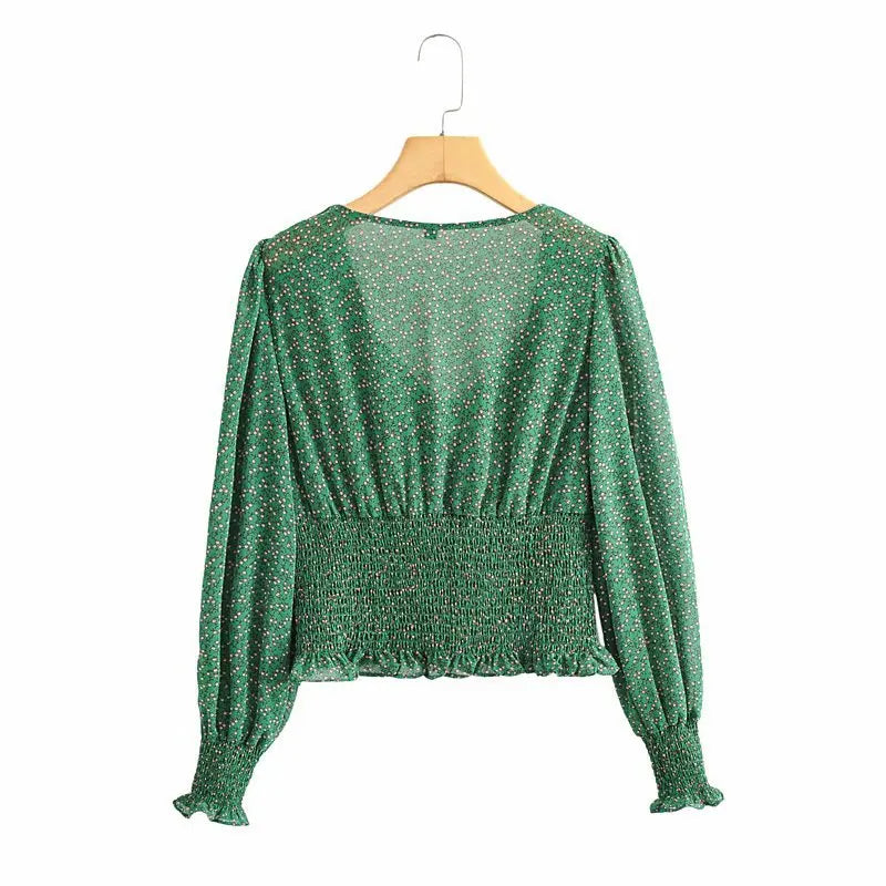nvxiot - Women Summer Cottagecore Floral Print Blouse Shirt Indie Lace Up Tops Blouses Woman Long Sleeve Shirts Flower Green Tops 2024