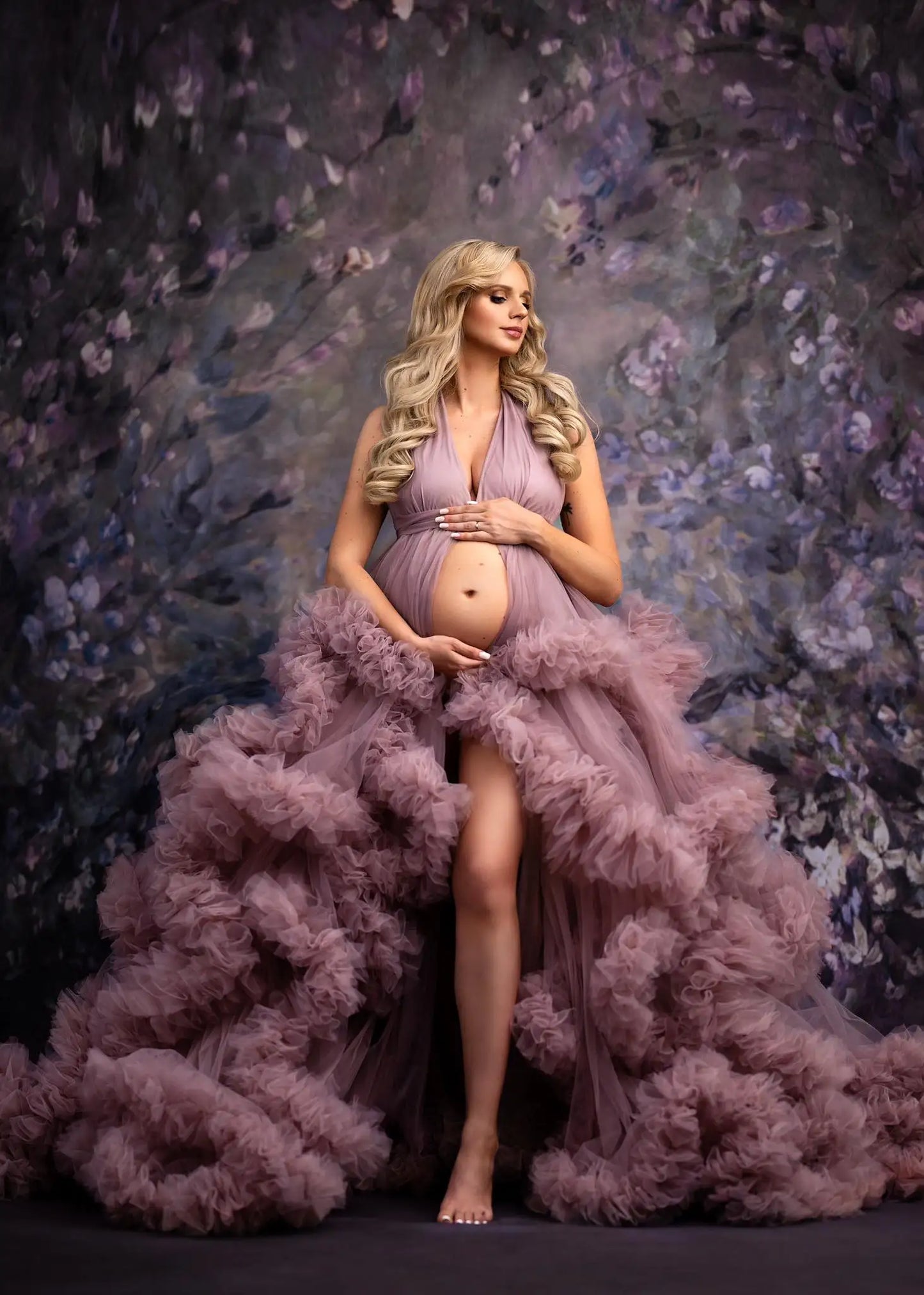 nvxiot - Mauve Ruffled Tulle Maternity Dresses for Photography Halter Front Slit Fluffy Maternity Photoshoot Dress for Pregnant Women
