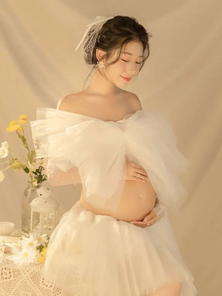 nvxiot Maternity Dress Set for Photo Shoot Summer Sexy Shoulderless White Tulle Top+ Skirt 2 Pieces Set for Pregnant Women Photography