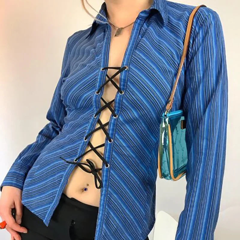 MQTIME - 90s Aesthetics Striped Printing Tie Up Top Y2K Fashion Turn-down Collar Long Sleeve Shirts Vintage Bandage T-shirts Sexy 2024