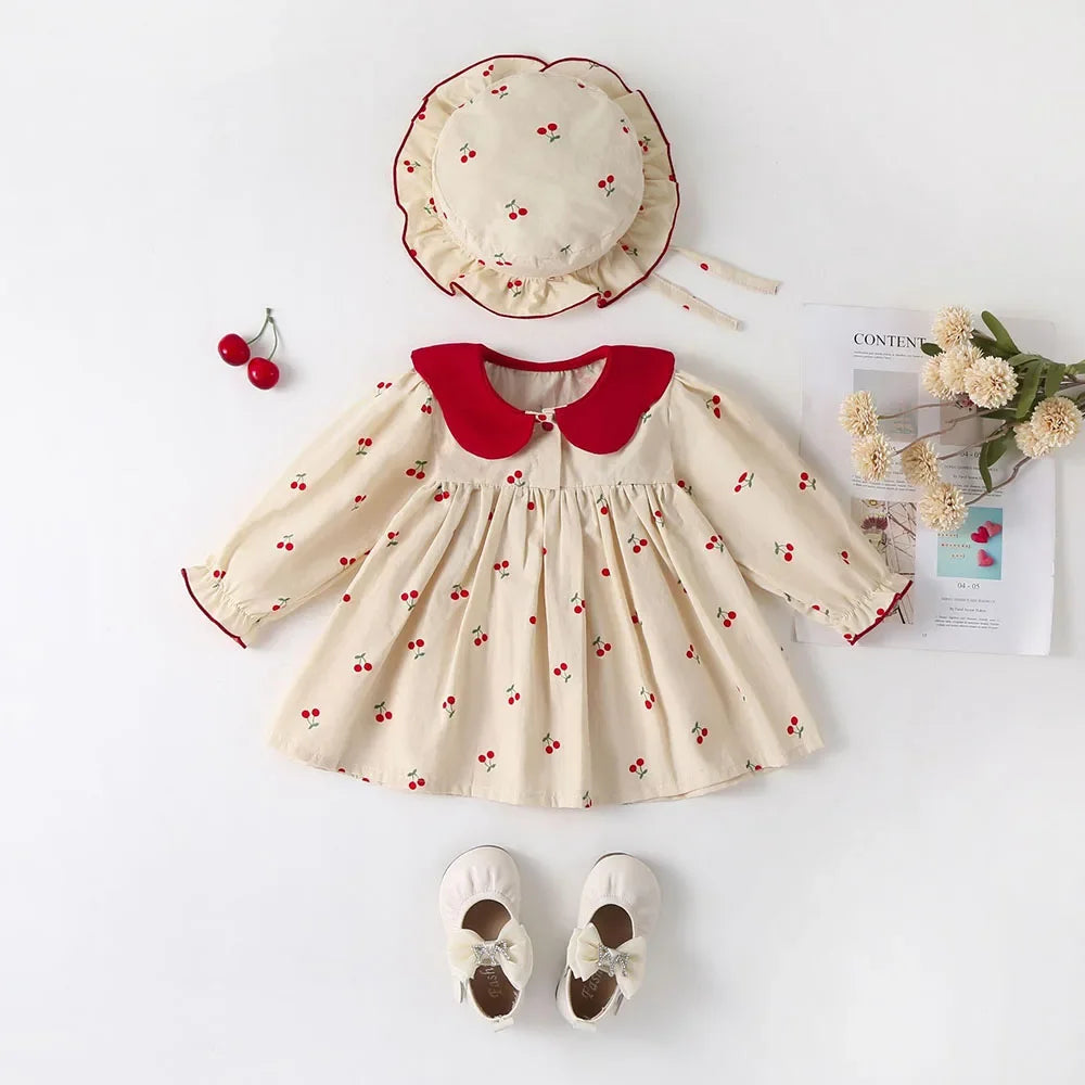MQTIME - 0-2Y Baby Girls Clothes Full Of Cherry Print Baby Dress Long Sleeve Cherry Dresses Runched Dress with Hat