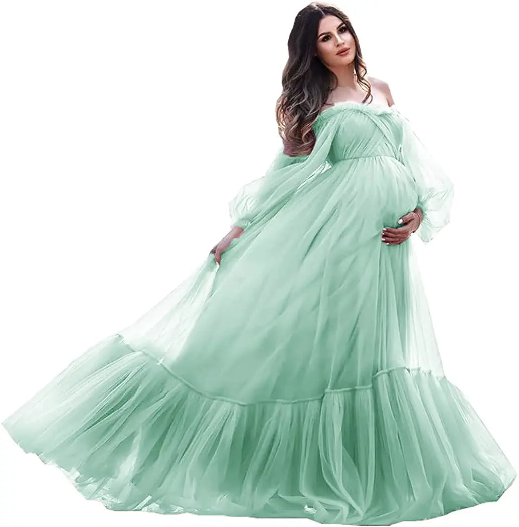 nvxiot - Puffy Sleeve Maternity Dress Tulle Robe With Underskirt for Photoshoot Off Shoulder Pregnancy Baby Shower Gown
