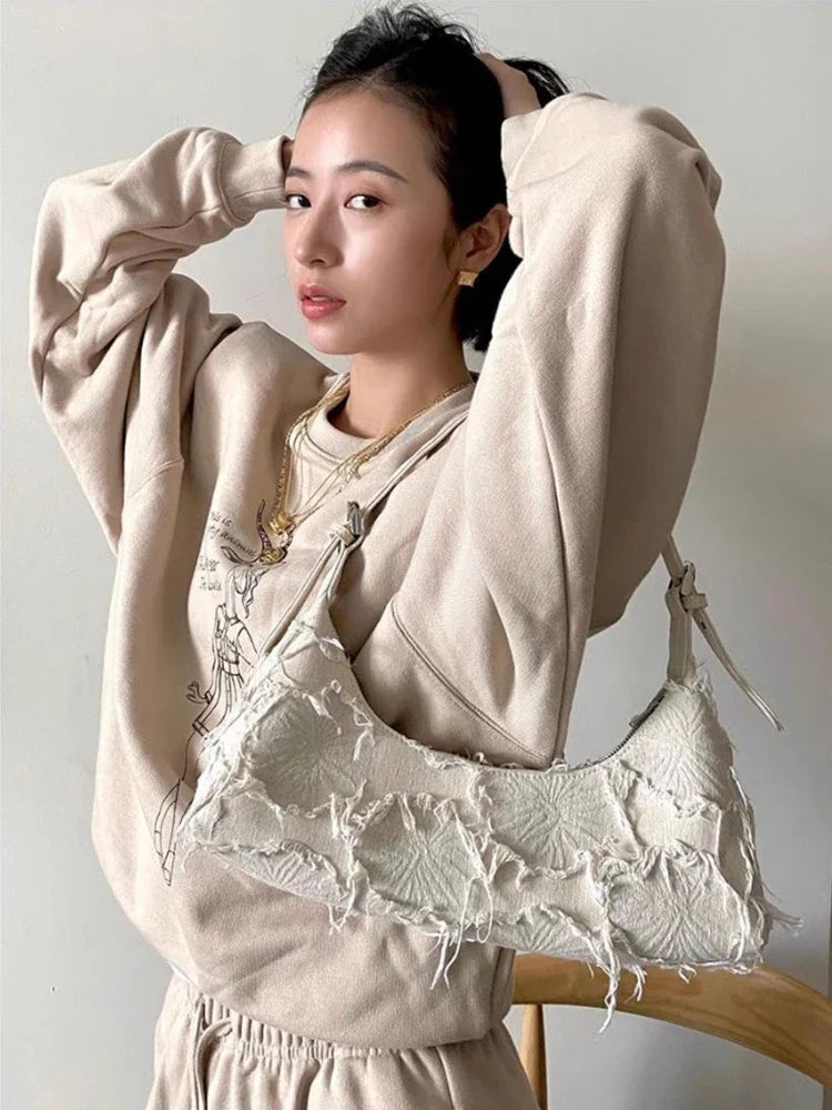nvxiot - Celebrity Same Style Bag Ins Blogger Baguette Stitching Canvas Patch Tassel Bag Retro Single Shoulder Armpit Bag for Women