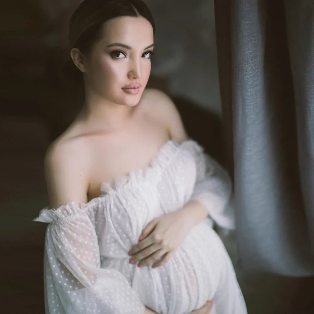 nvxiot - Maternity Photography Dresses Tulle off Shoulder Gown Boho Bridal Dot Wedding Dress Photo Shoot Photography Dress For Women