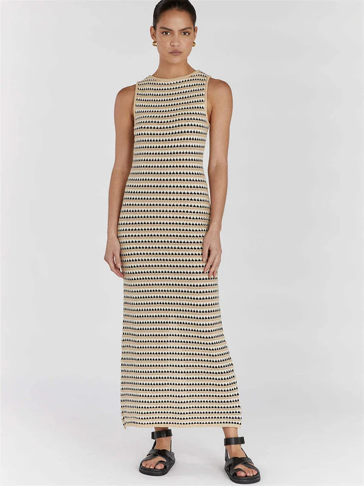 nvxiot - Striped See-Through Long Dress Female Elegant Sleeveless High Waist Patchwork Fashion Beach Dress Knit Maxi Dress Summer