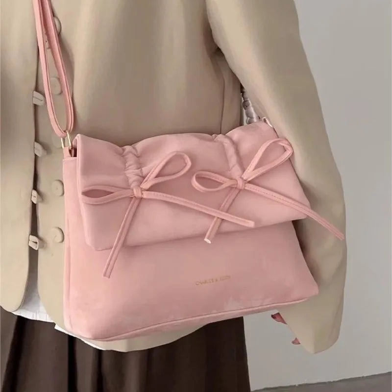 nvxiot - Pink Womens Shoulder Bag 2024 Fashion Pleated Elegant Casual Bow Tote Bag Scarves Large Capacity Exquisite Female Handbag