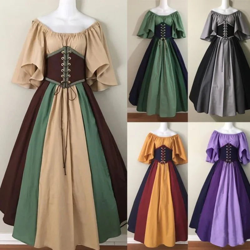 MQTIME - Big Swing Skirt Medieval Retro Slim-fitting Skirt Flying Sleeves Shoulder Dress Female Cos Costume Performance