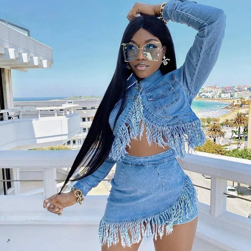 nvxiot - Jeans Tassel Two-piece Women's Clothing Denim Sportswear Long Sleeve Crop Top Mini Skirt Pants Suit High Quality Vestidos 2024