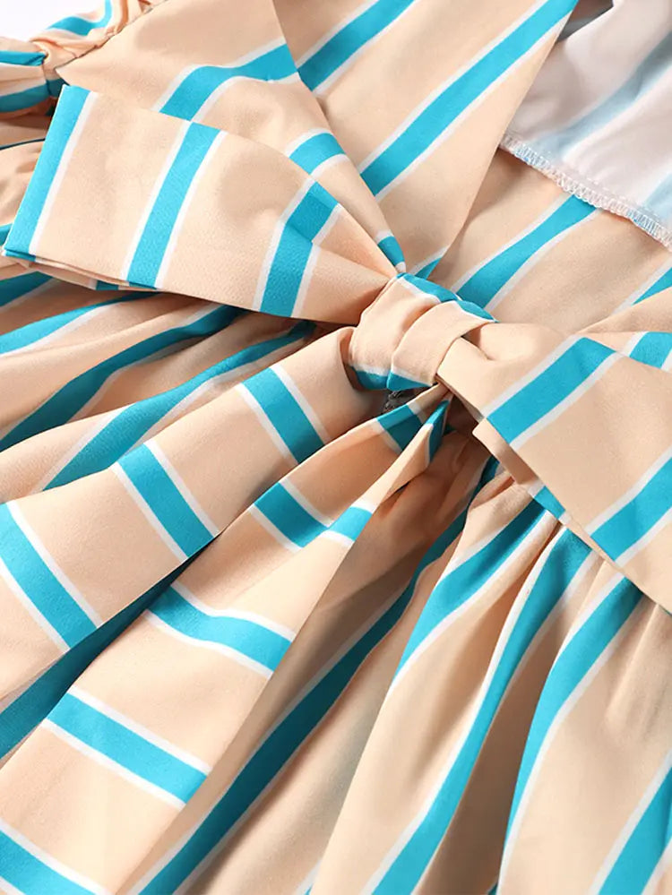 MQTIME - Casual Stripe Backless Long Dresses Women Elegant Loose Backless Lace Up Lantern Sleeve Female Dress Summer Holiday Lady Robe