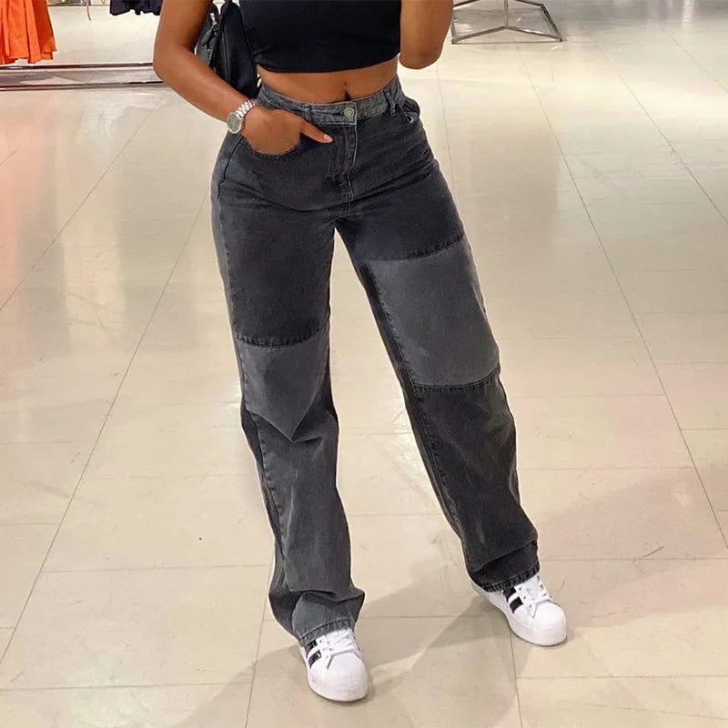 nvxiot Summer new straight leg jeans women'sEurope and the United States hip-hop street color splicing thin casual jeans and trousers